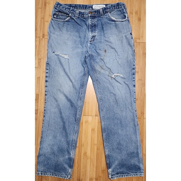 Carhartt FR Jeans Mens 38 X 34 Blue Denim Fire Resistant Work Distressed Pants - Picture 1 of 13